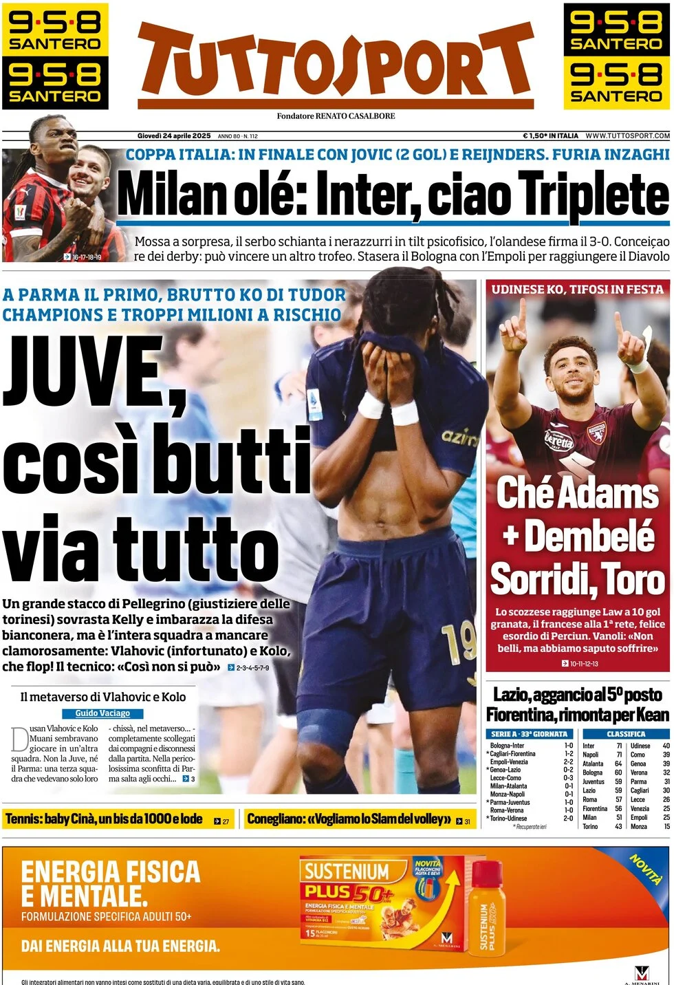 anteprima della prima pagina di tuttosport del 24/04/2025