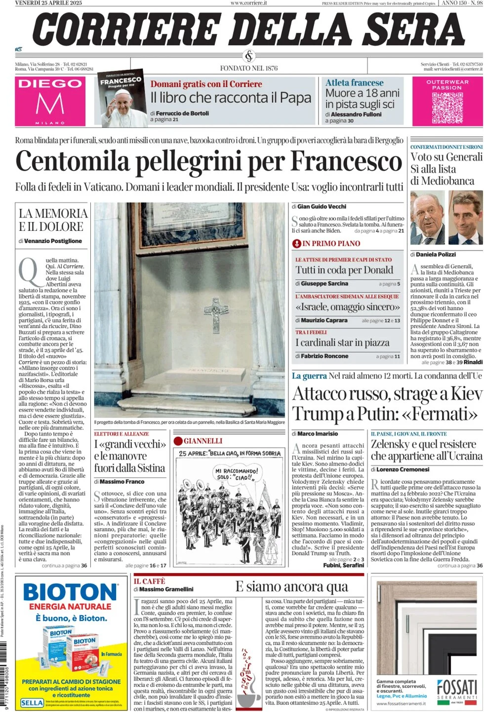 anteprima della prima pagina di corriere-della-sera del 25/04/2025