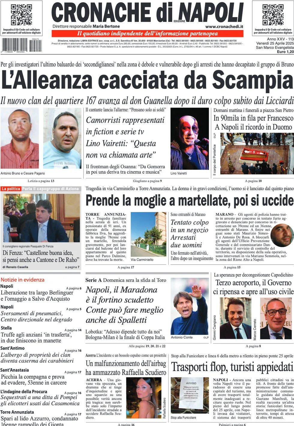 anteprima della prima pagina di cronache-di-napoli del 25/04/2025