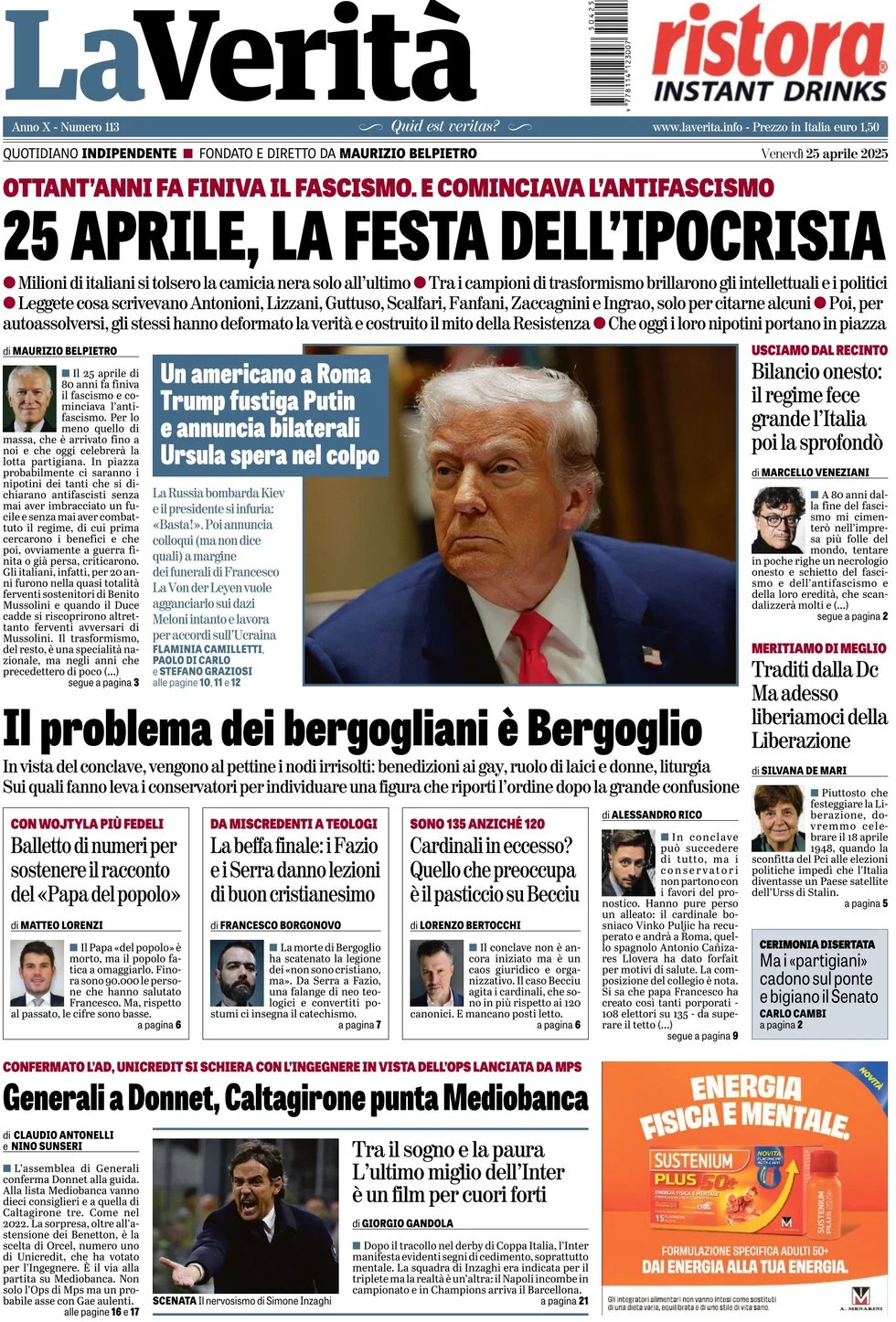 anteprima della prima pagina di la-verit del 25/04/2025