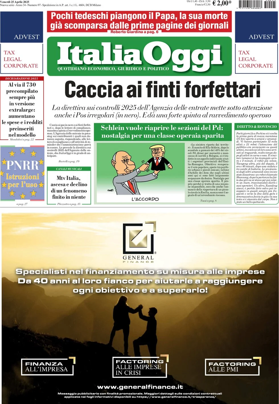 anteprima della prima pagina di italiaoggi del 25/04/2025