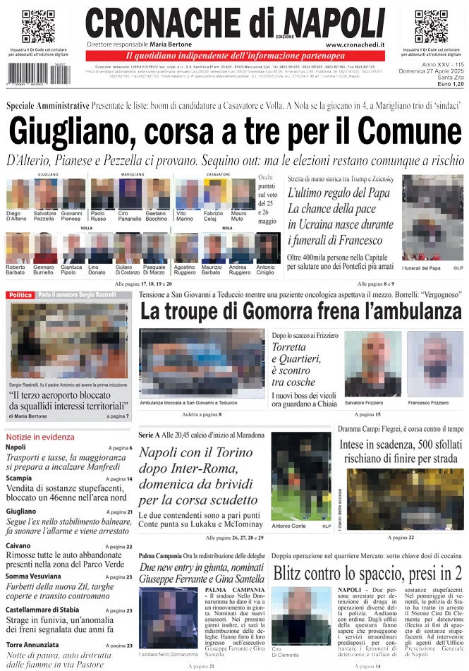 anteprima della prima pagina di cronache-di-napoli del 27/04/2025