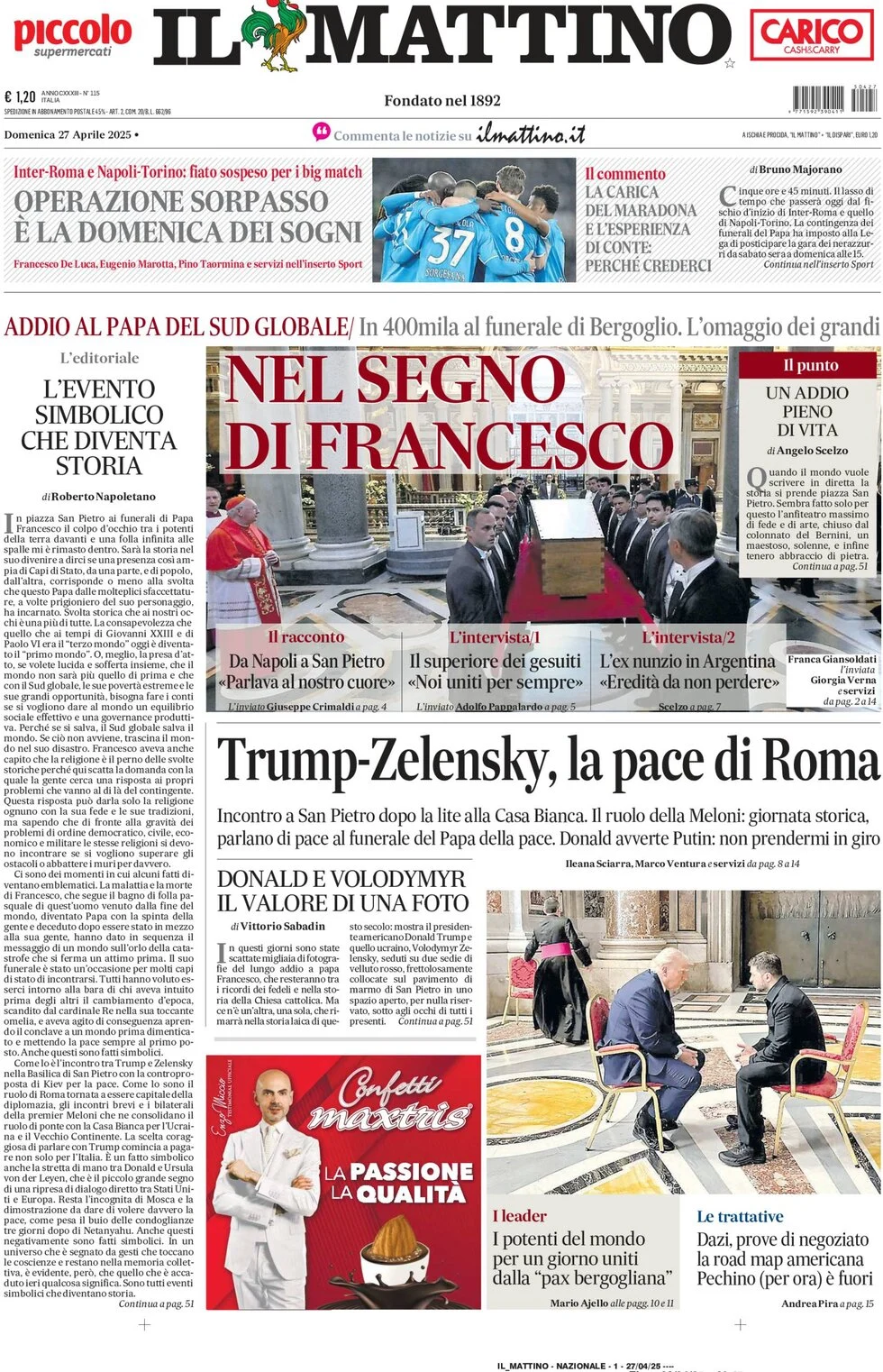 anteprima della prima pagina di il-mattino del 27/04/2025