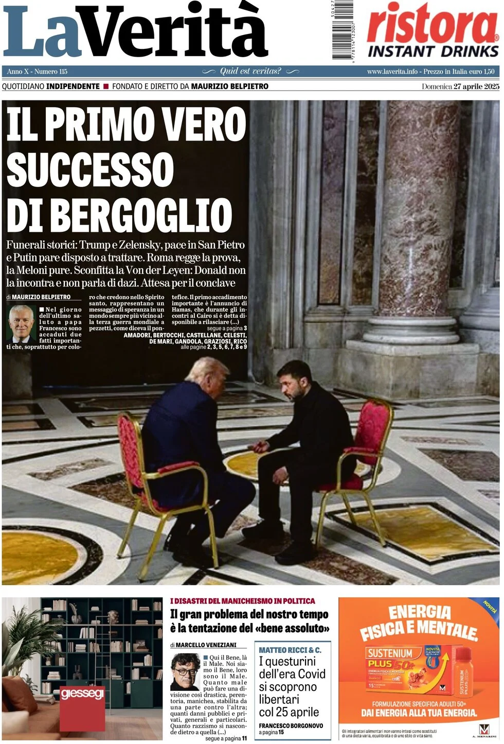 anteprima della prima pagina di la-verit del 27/04/2025
