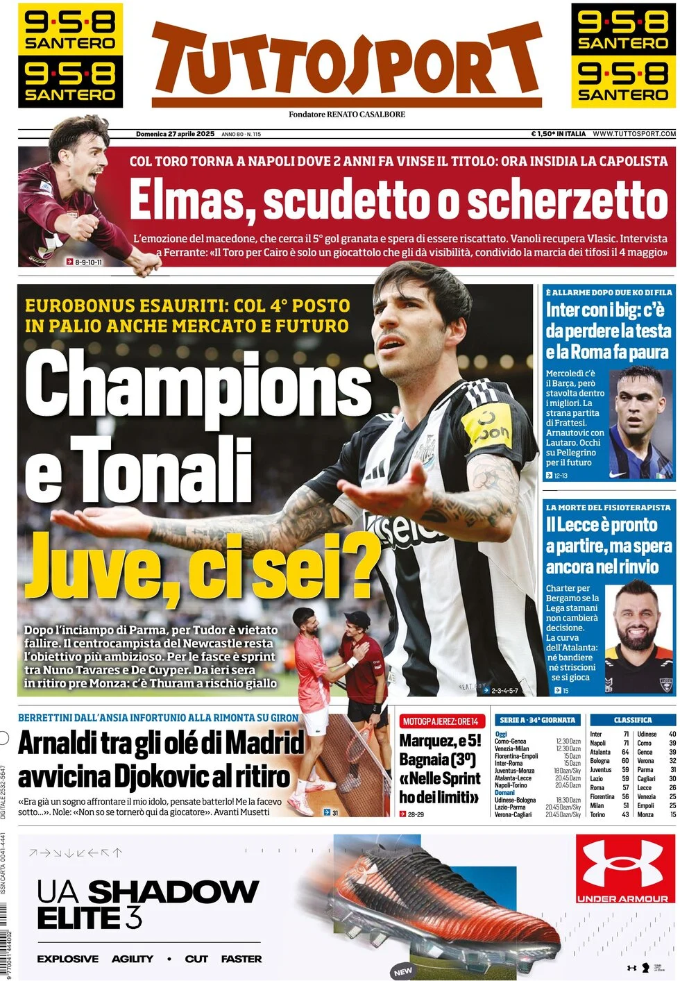 anteprima della prima pagina di tuttosport del 27/04/2025