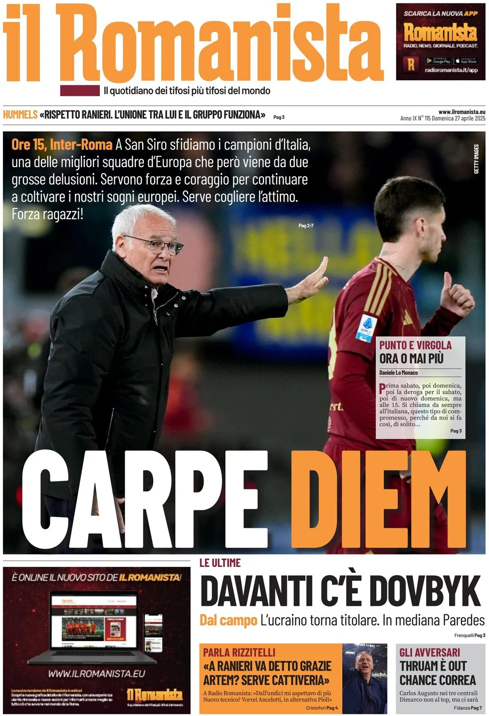 anteprima della prima pagina di il-romanista del 27/04/2025