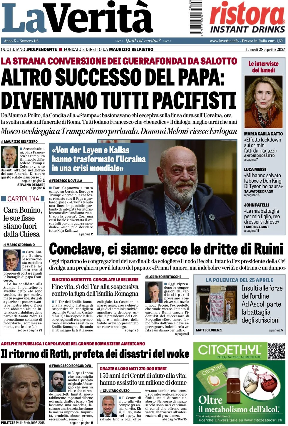 anteprima della prima pagina di la-verit del 28/04/2025