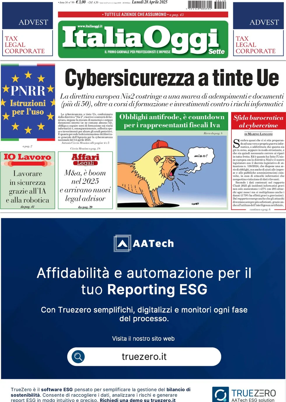 anteprima della prima pagina di italiaoggi del 28/04/2025
