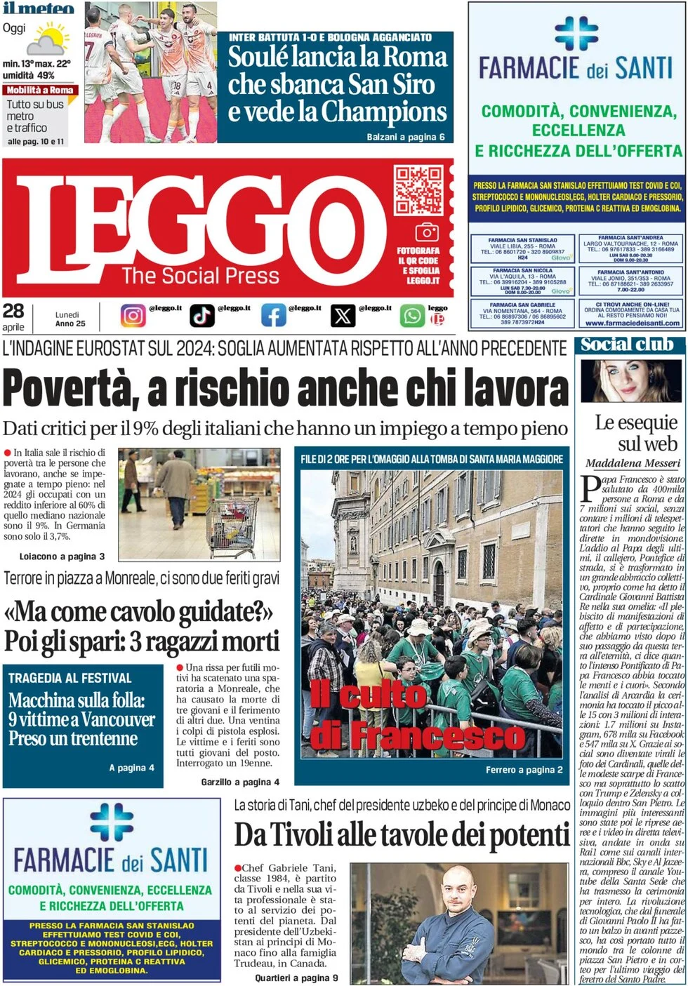 anteprima della prima pagina di leggo-roma del 28/04/2025
