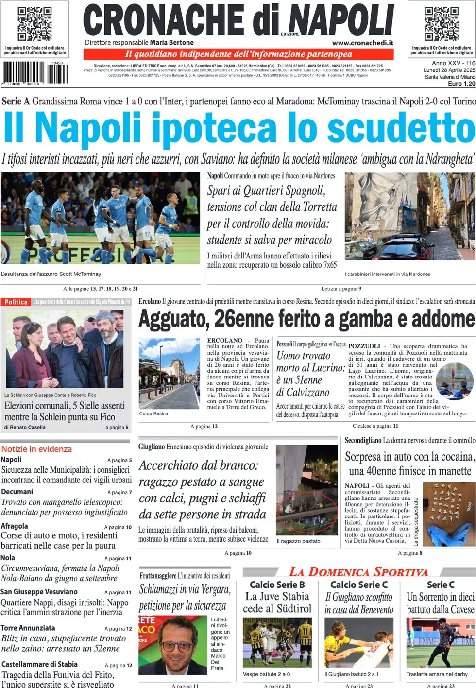anteprima della prima pagina di cronache-di-napoli del 28/04/2025