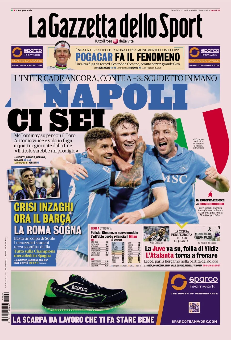 anteprima della prima pagina di la-gazzetta-dello-sport del 28/04/2025