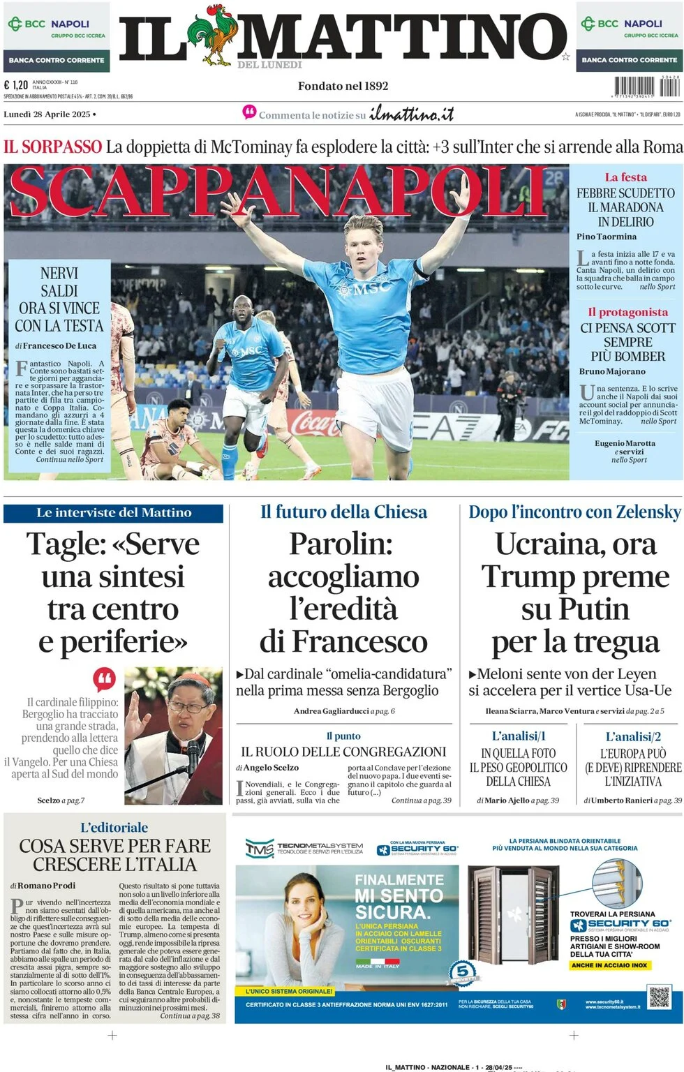 anteprima della prima pagina di il-mattino del 28/04/2025