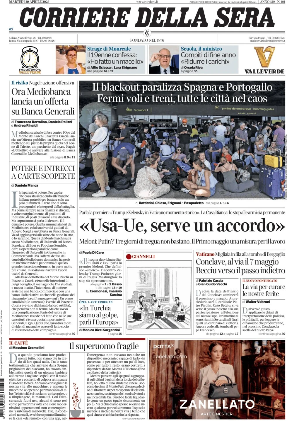 anteprima della prima pagina di corriere-della-sera del 29/04/2025