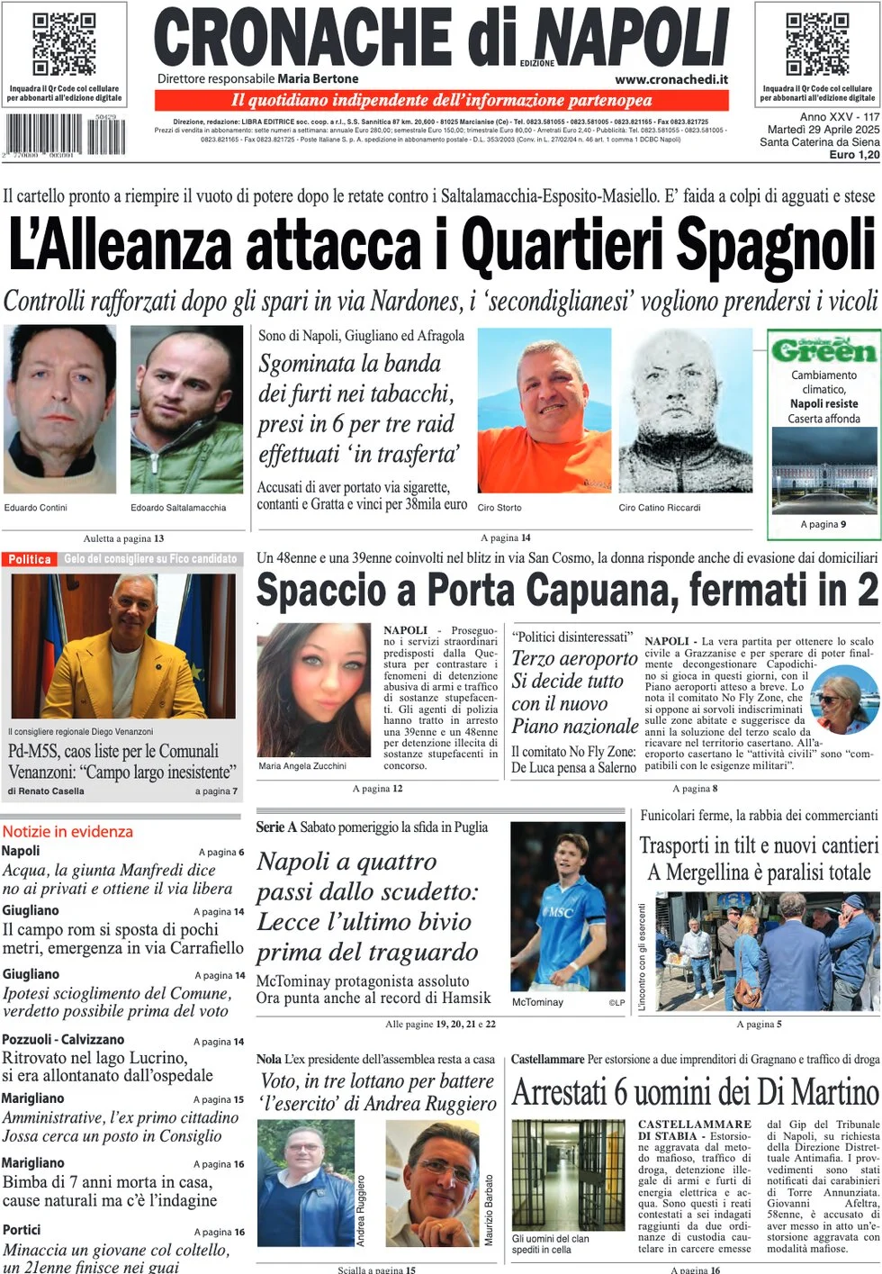 anteprima della prima pagina di cronache-di-napoli del 29/04/2025