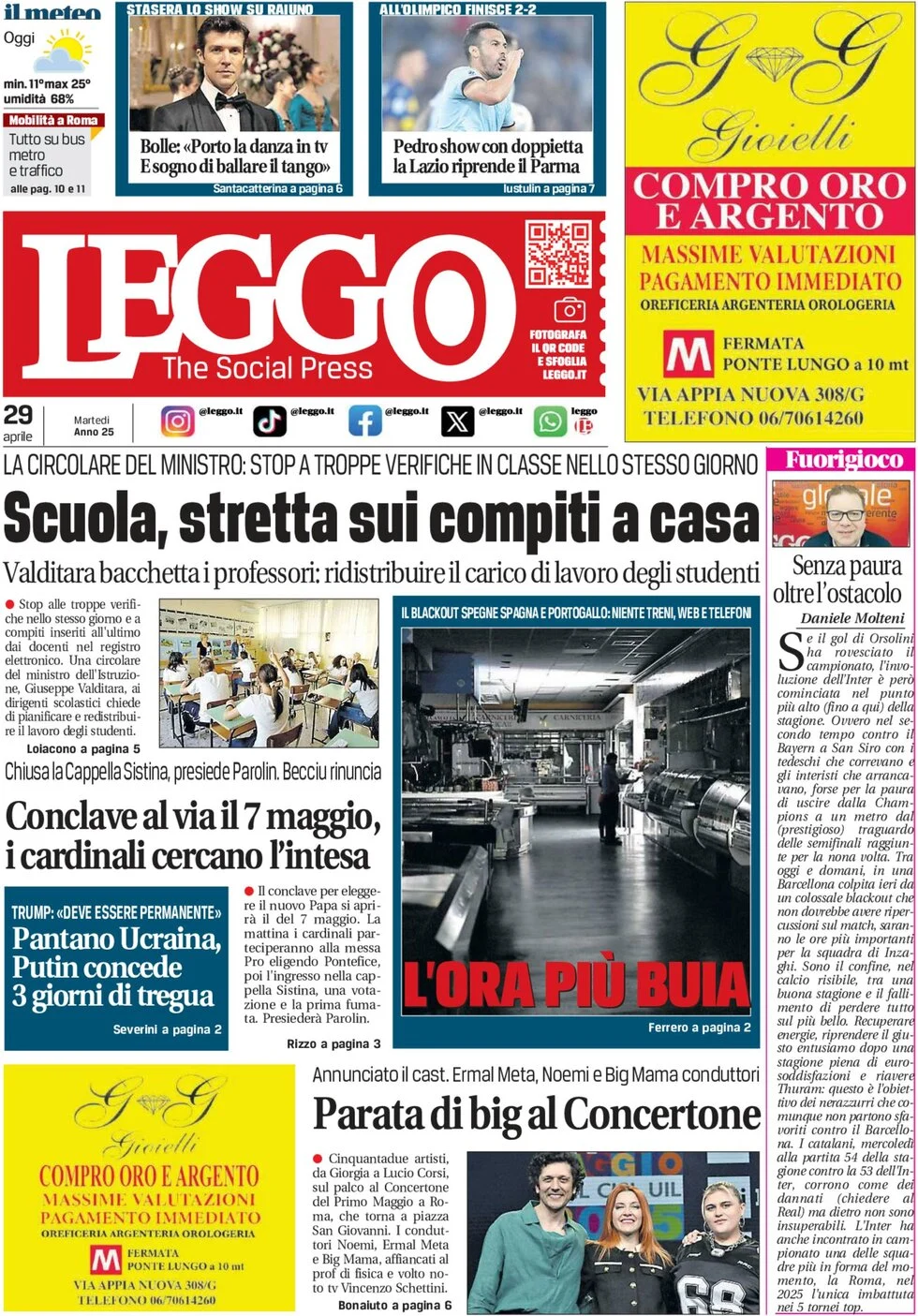anteprima della prima pagina di leggo-roma del 29/04/2025