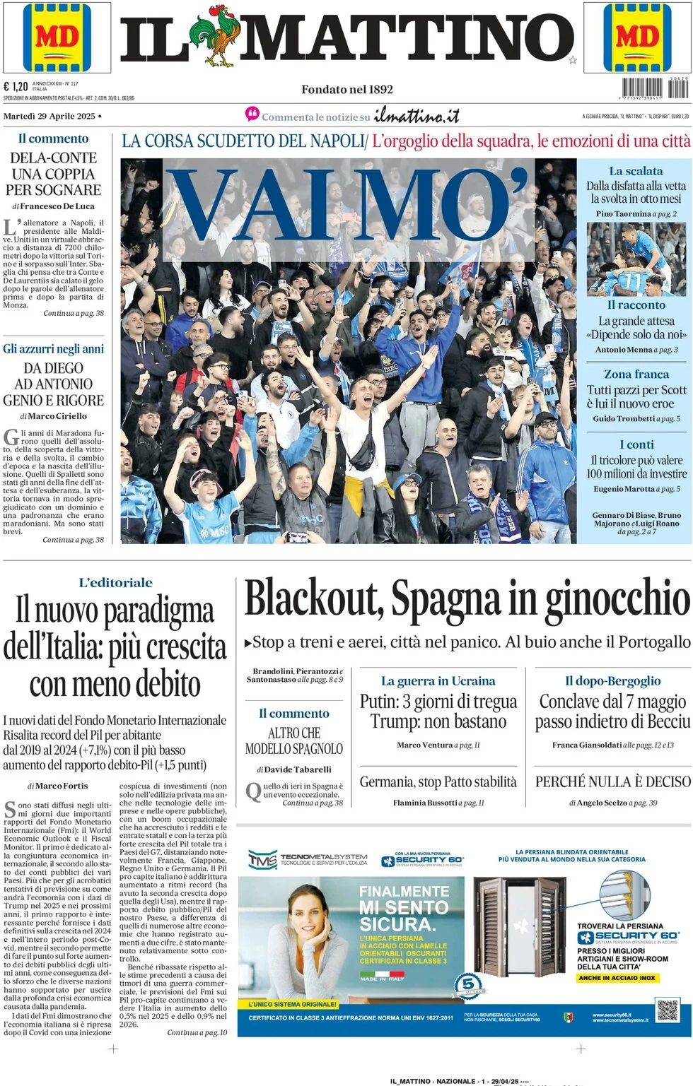 anteprima della prima pagina di il-mattino del 29/04/2025