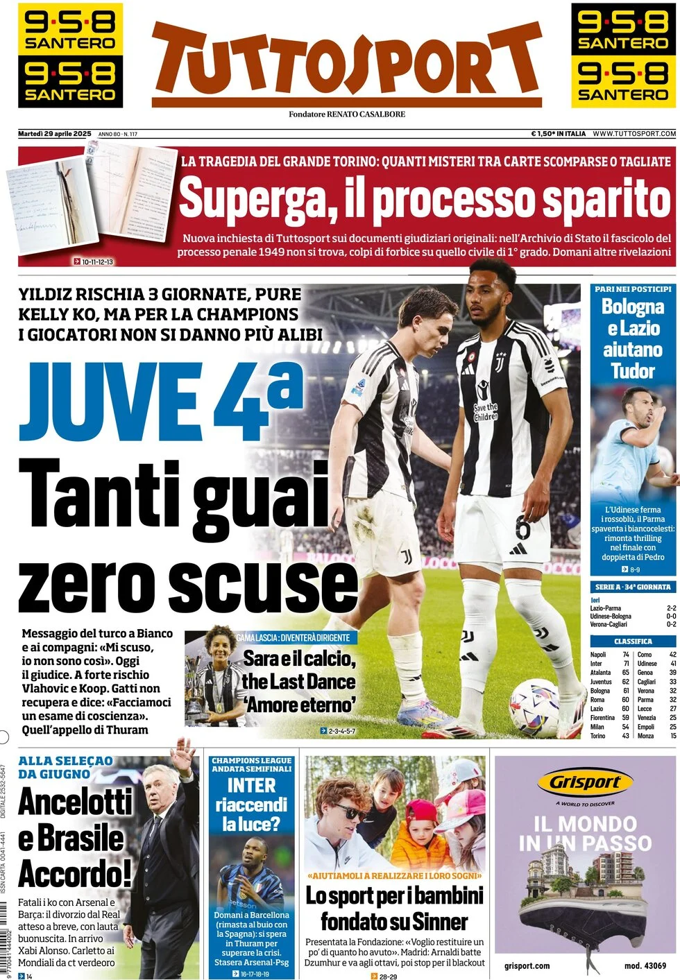 anteprima della prima pagina di tuttosport del 29/04/2025