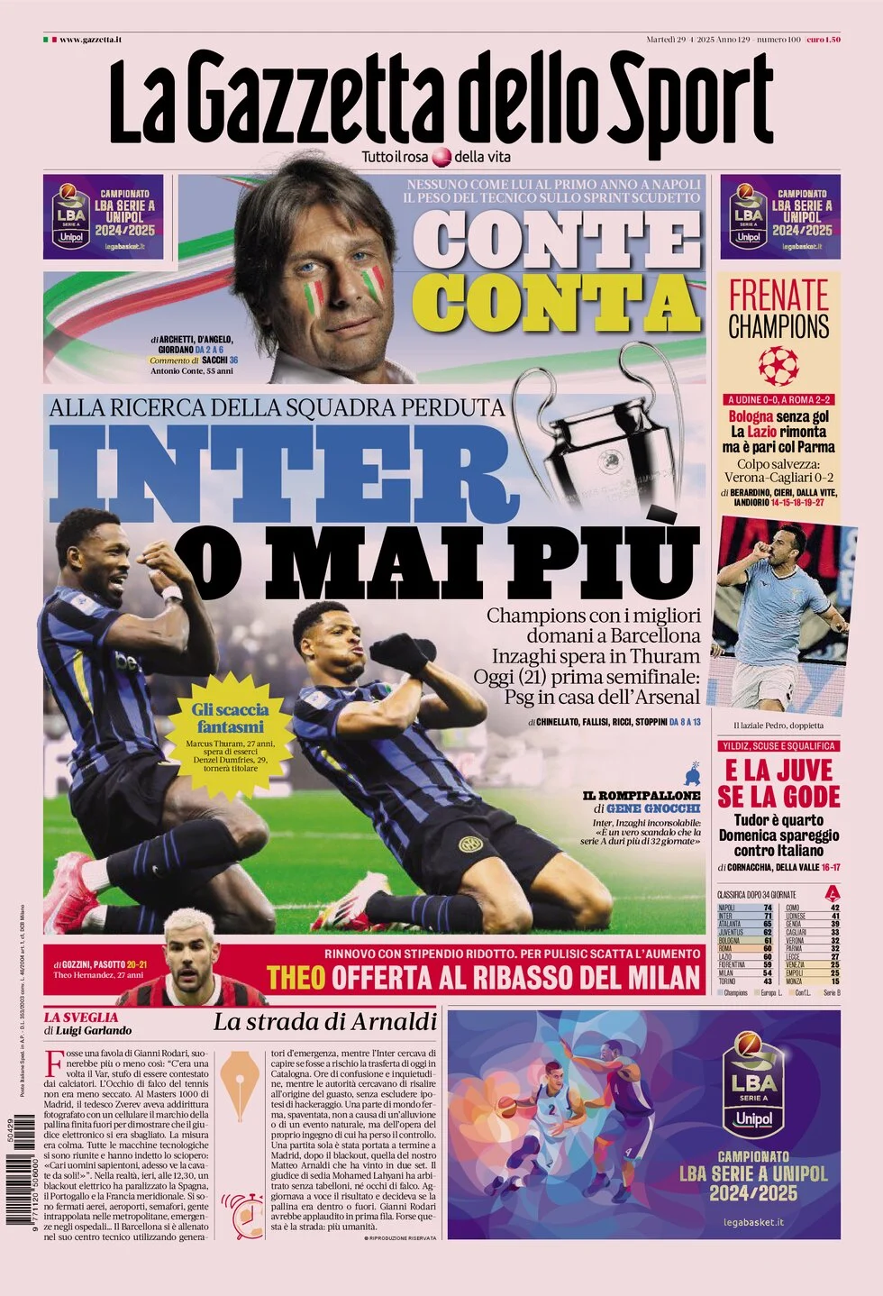 anteprima della prima pagina di la-gazzetta-dello-sport del 29/04/2025