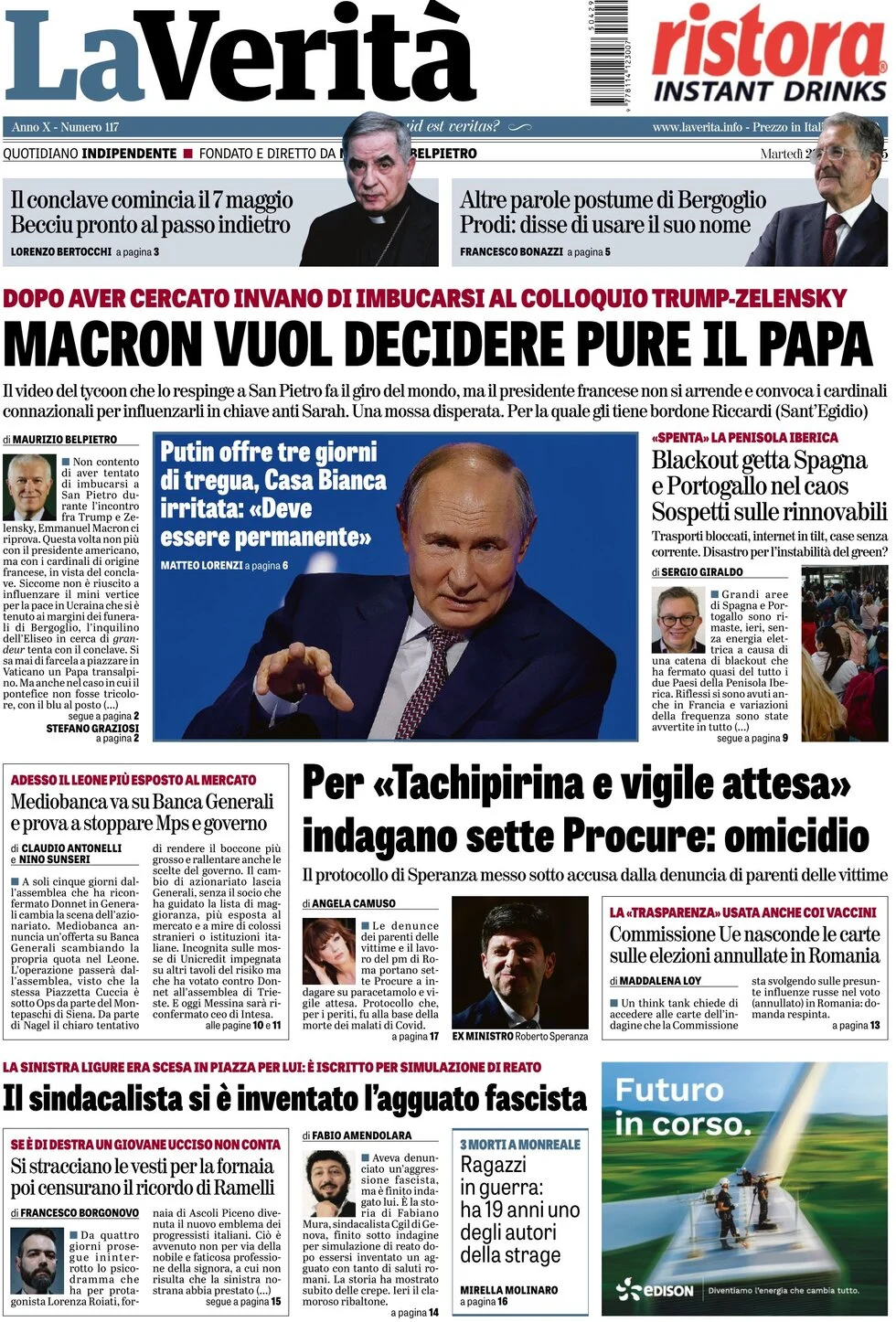 anteprima della prima pagina di la-verit del 29/04/2025