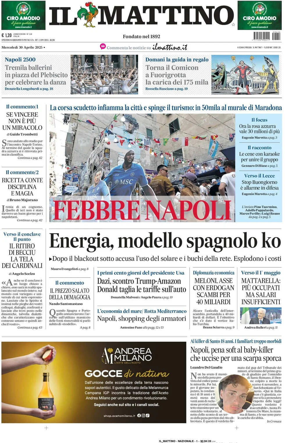 anteprima della prima pagina di il-mattino del 30/04/2025