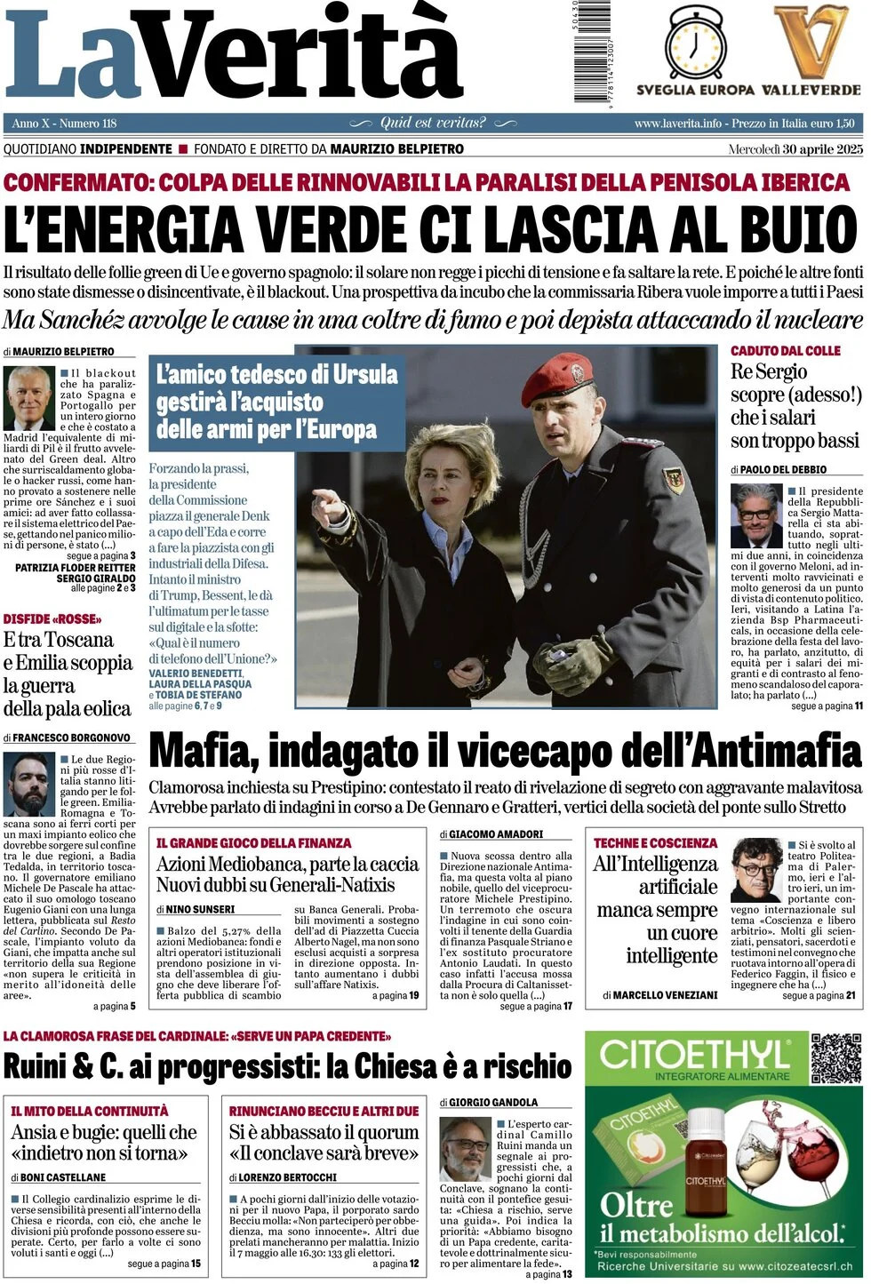 anteprima della prima pagina di la-verit del 30/04/2025