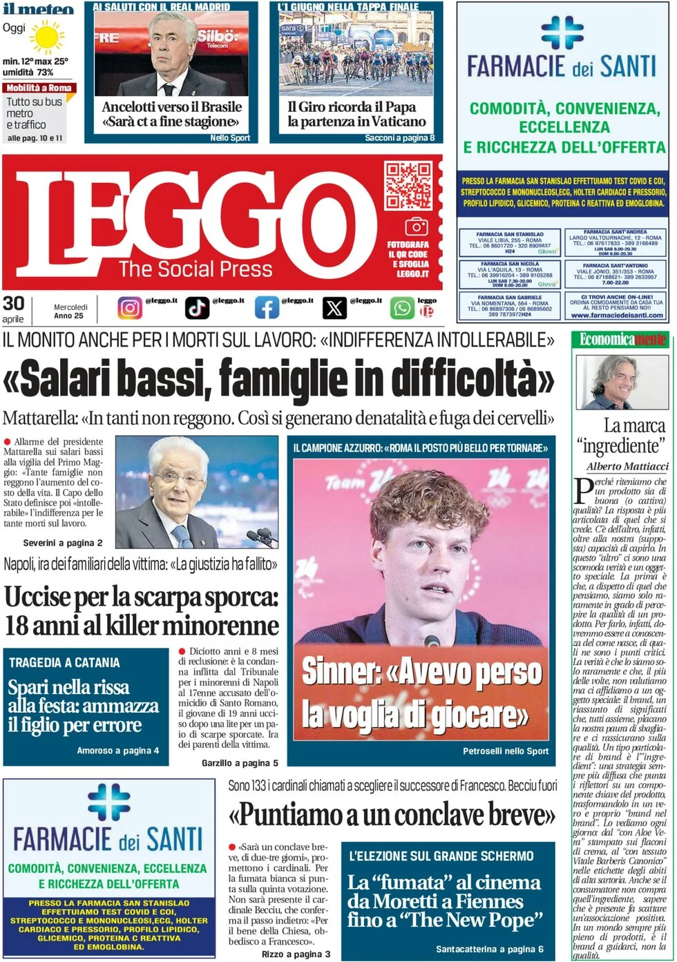 anteprima della prima pagina di leggo-roma del 30/04/2025