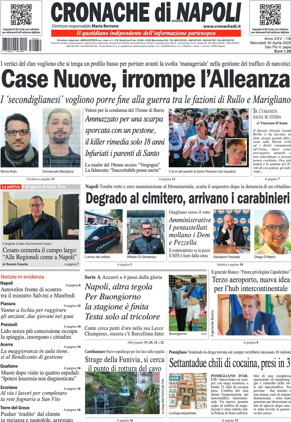 anteprima della prima pagina di cronache-di-napoli del 30/04/2025