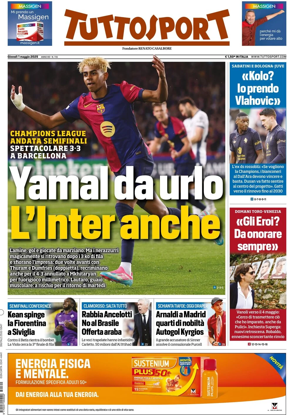anteprima della prima pagina di tuttosport del 01/05/2025