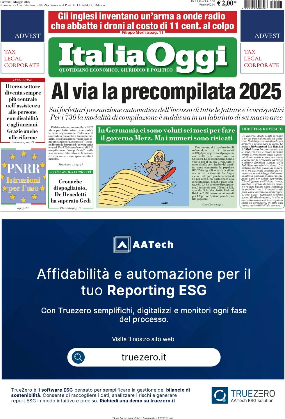 anteprima della prima pagina di italiaoggi del 01/05/2025