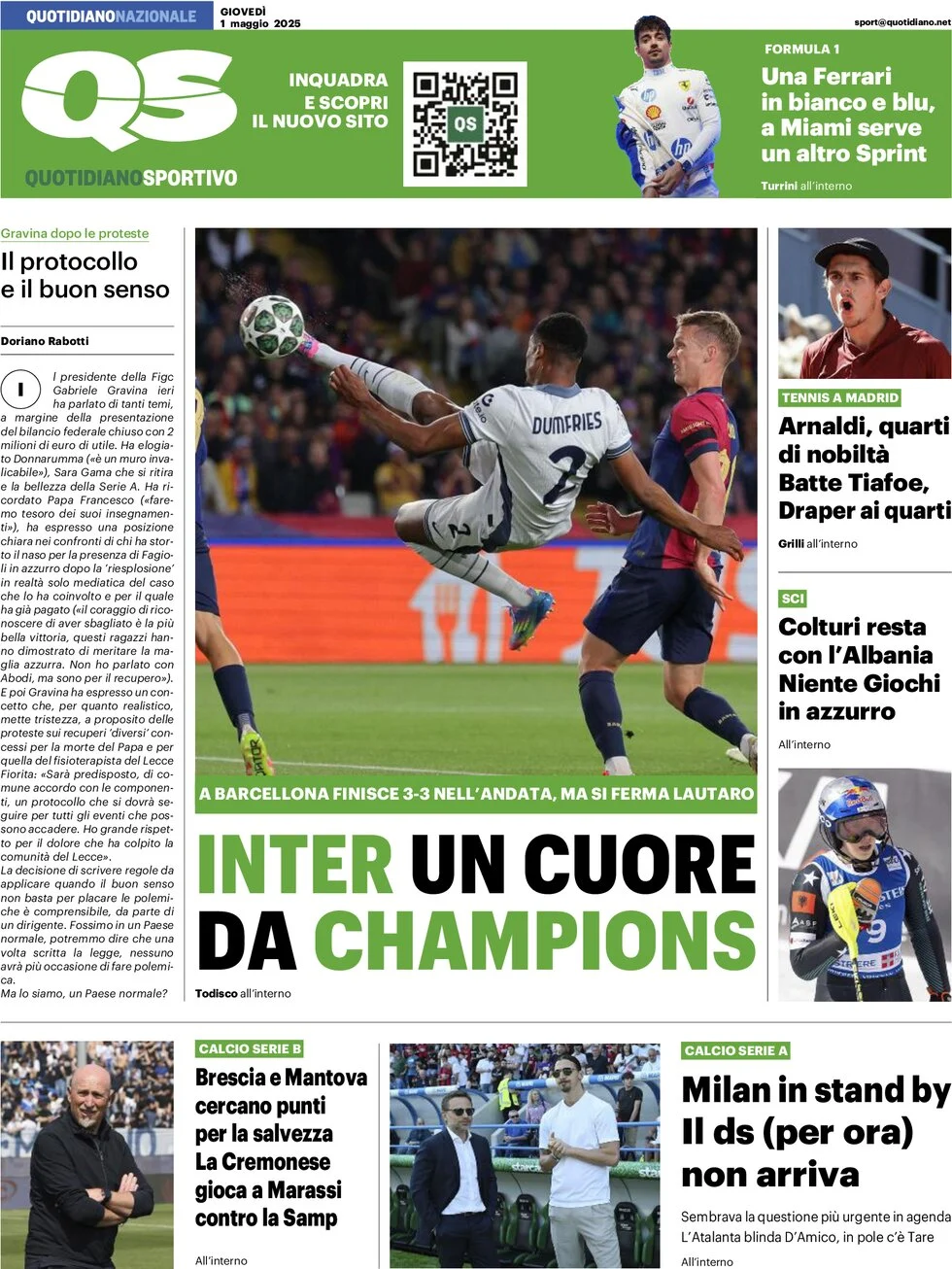 anteprima della prima pagina di qs-quotidiano-sportivo del 01/05/2025