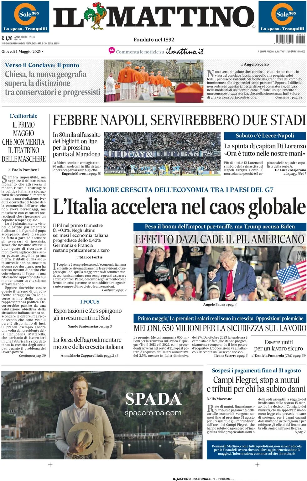 anteprima della prima pagina di il-mattino del 01/05/2025