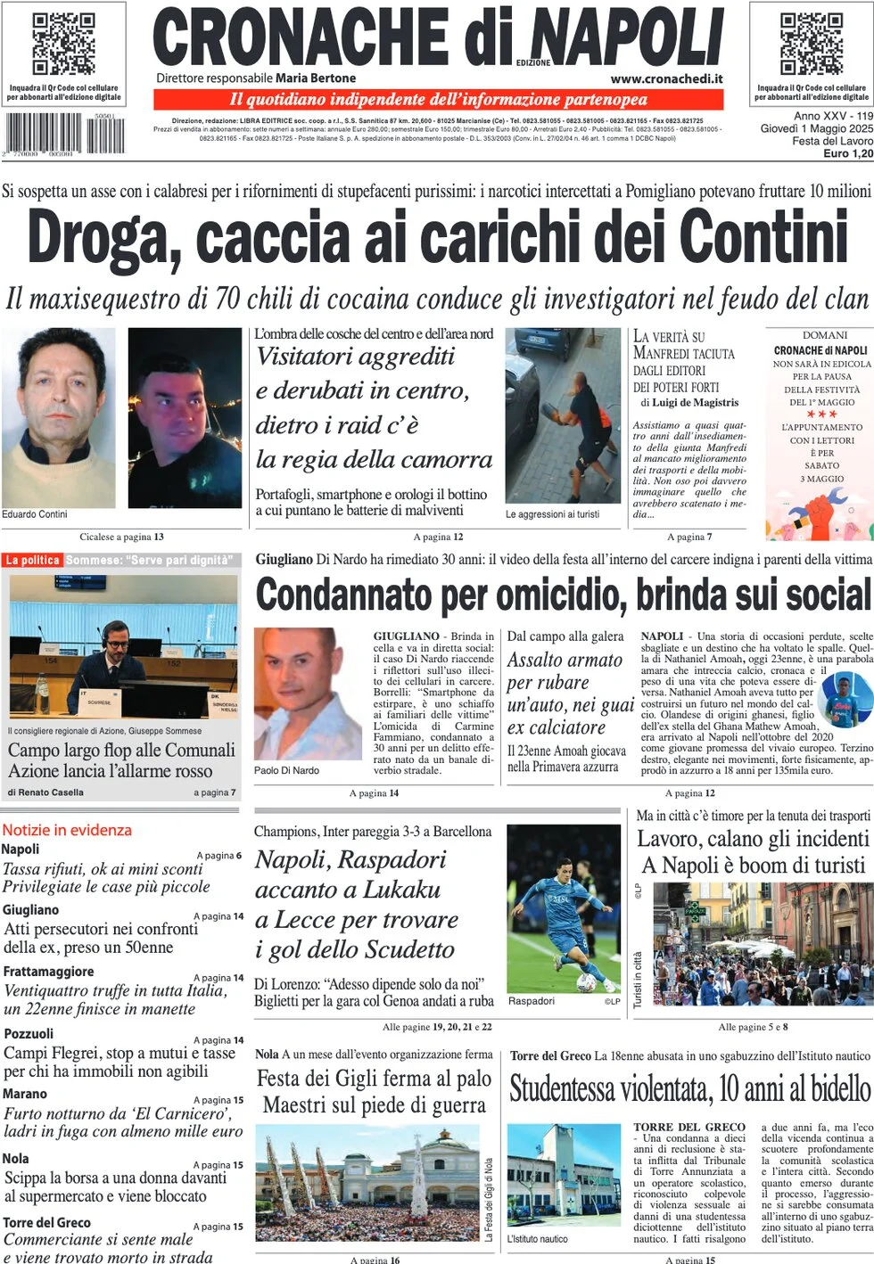 anteprima della prima pagina di cronache-di-napoli del 01/05/2025