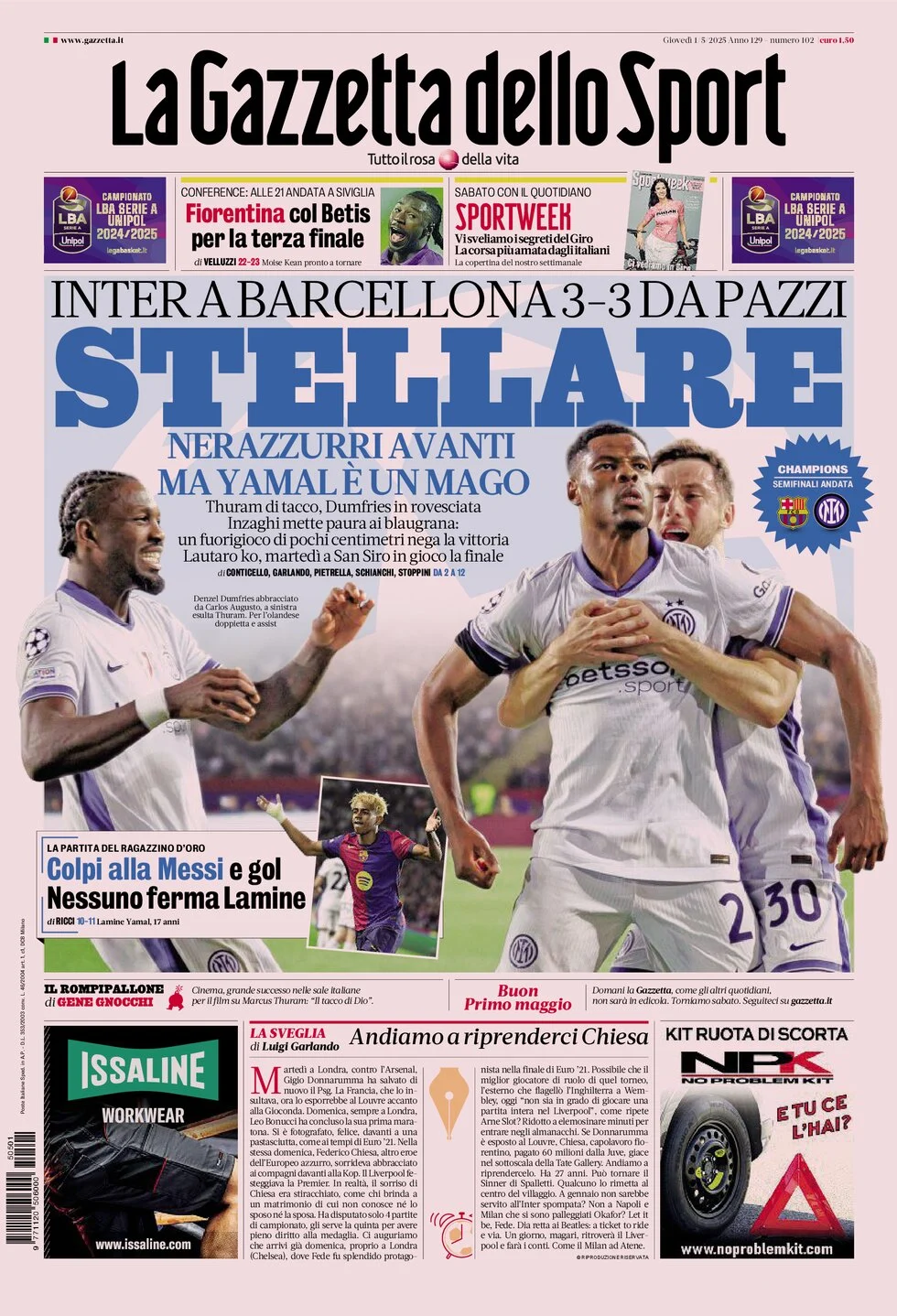 anteprima della prima pagina di la-gazzetta-dello-sport del 01/05/2025