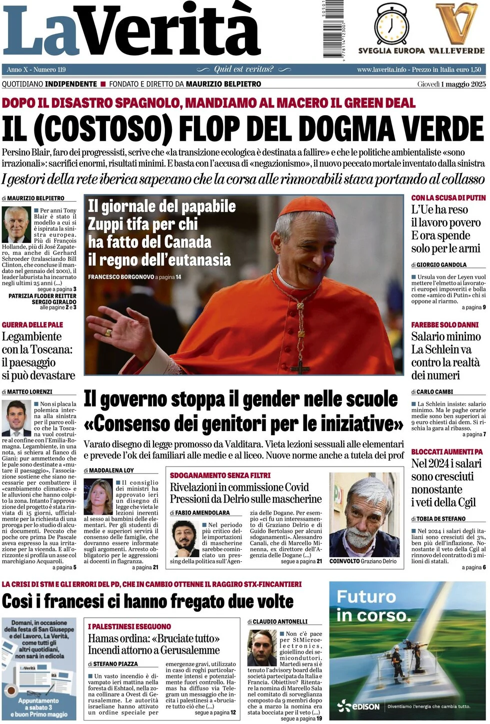 anteprima della prima pagina di la-verit del 01/05/2025