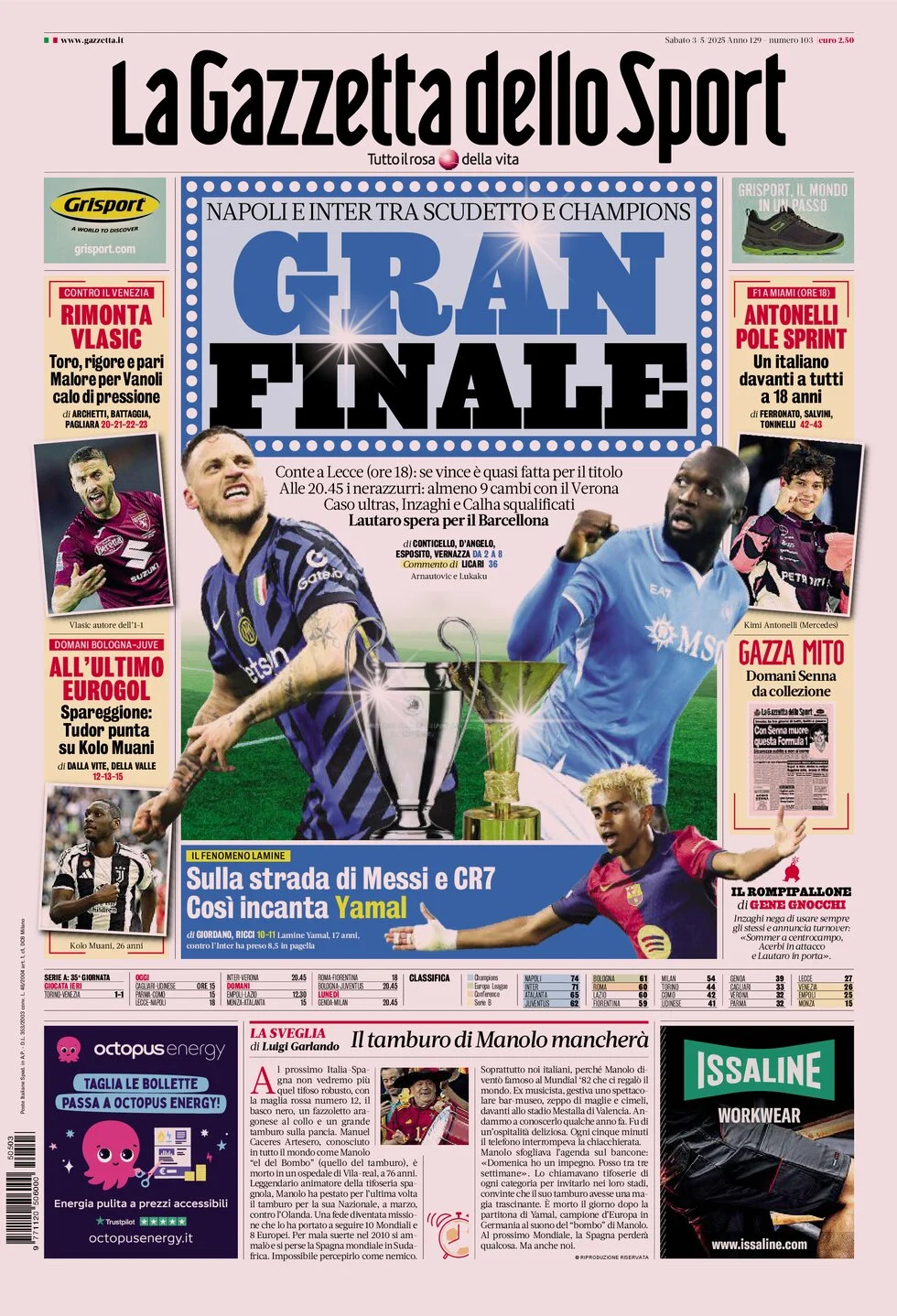 anteprima della prima pagina di la-gazzetta-dello-sport del 03/05/2025
