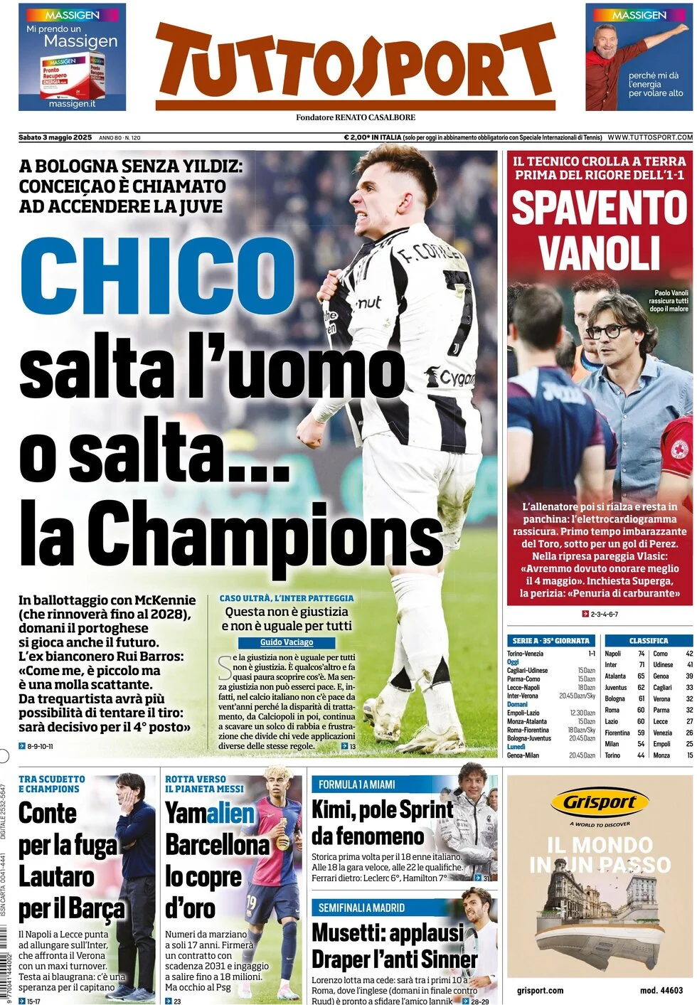anteprima della prima pagina di tuttosport del 03/05/2025