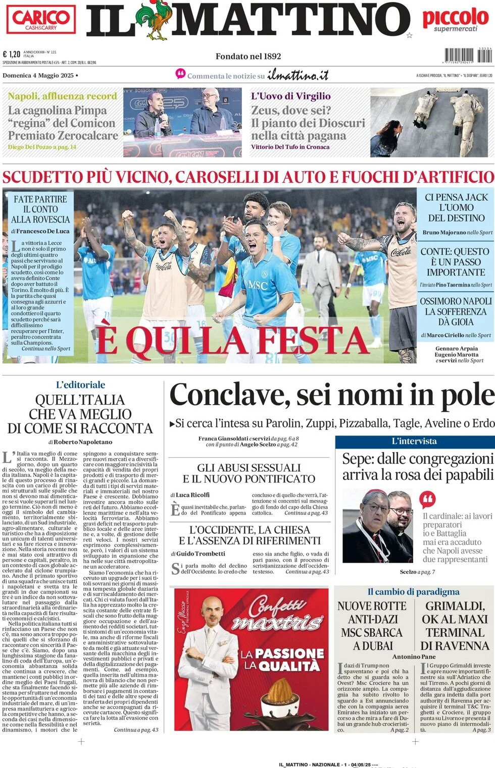 anteprima della prima pagina di il-mattino del 04/05/2025