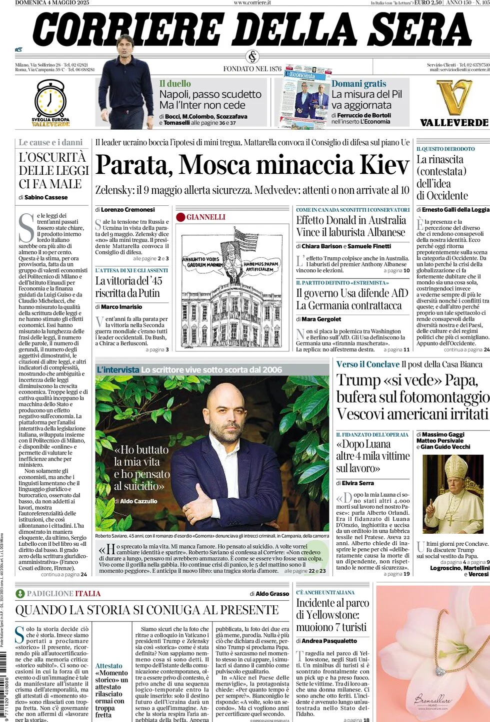 anteprima della prima pagina di corriere-della-sera del 04/05/2025