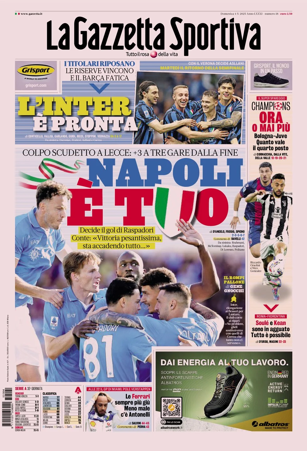 anteprima della prima pagina di la-gazzetta-dello-sport del 04/05/2025