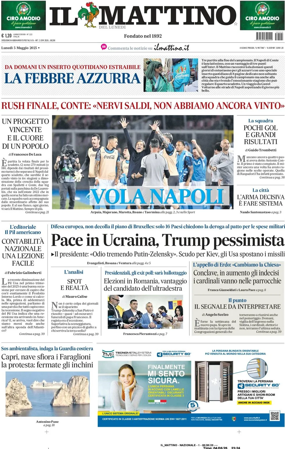 anteprima della prima pagina di il-mattino del 05/05/2025