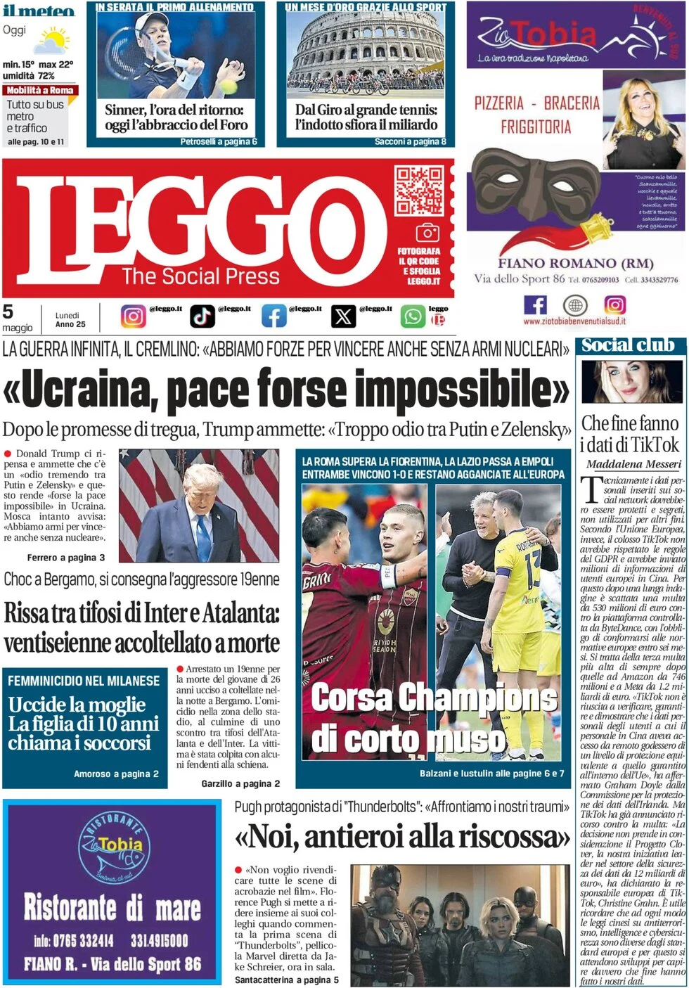 anteprima della prima pagina di leggo-roma del 05/05/2025