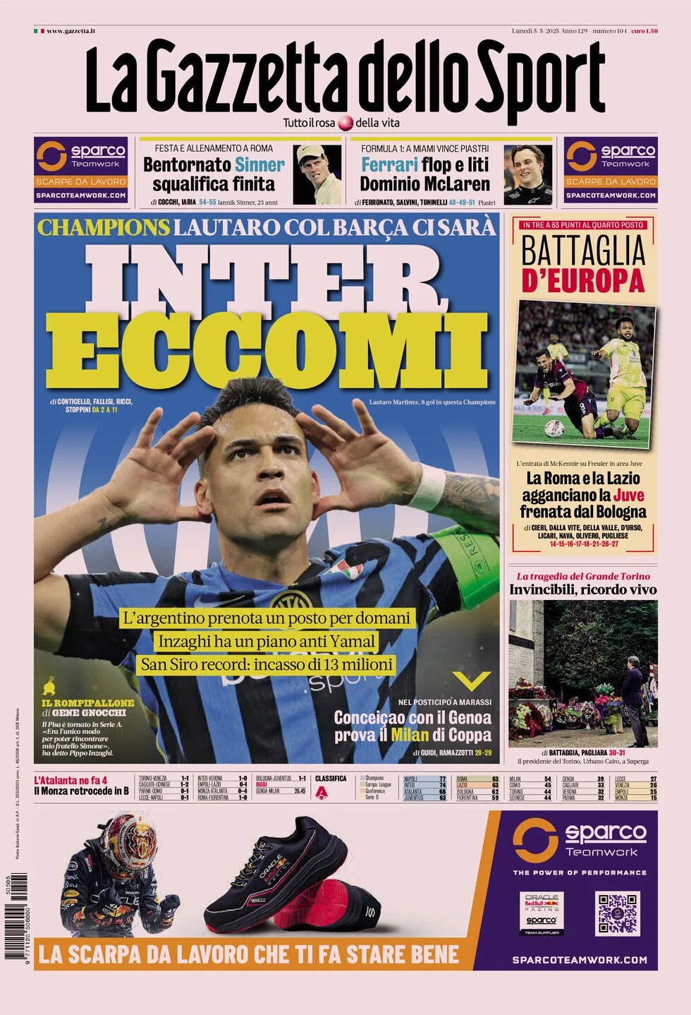 anteprima della prima pagina di la-gazzetta-dello-sport del 05/05/2025
