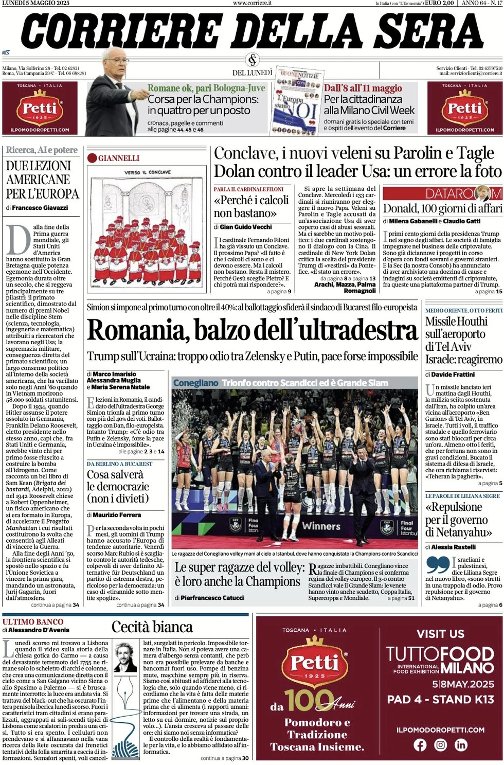 anteprima della prima pagina di corriere-della-sera del 05/05/2025