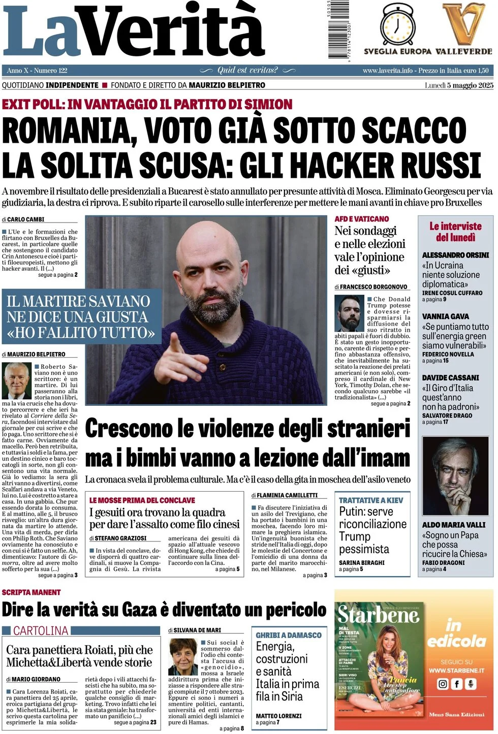 anteprima della prima pagina di la-verit del 05/05/2025