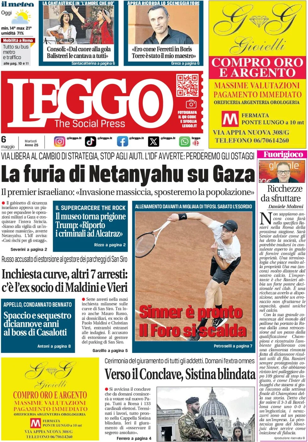 anteprima della prima pagina di leggo-roma del 06/05/2025