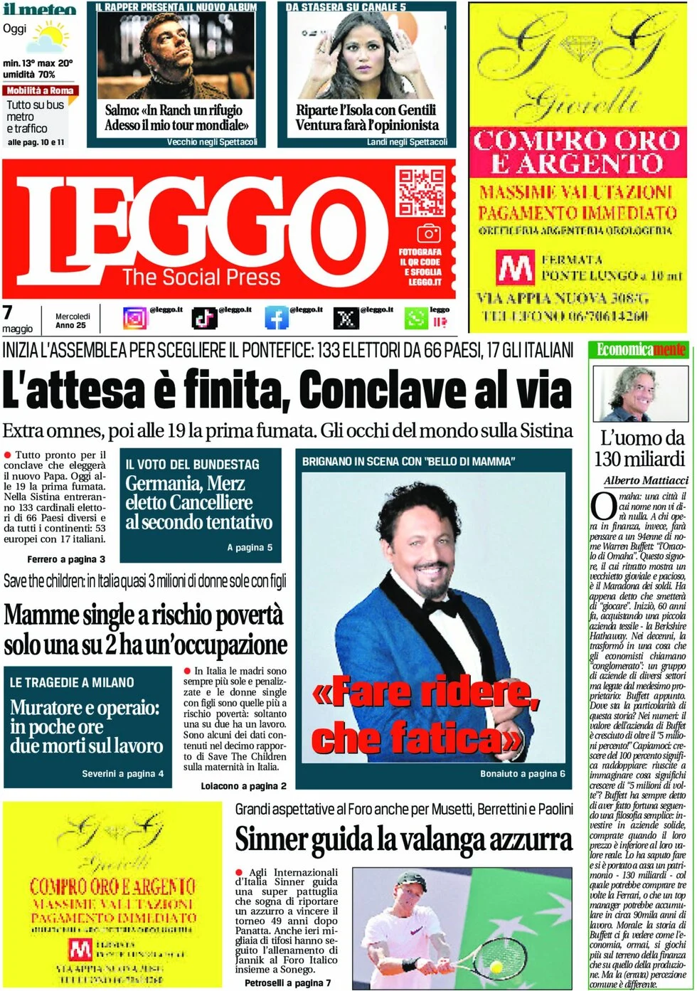 anteprima della prima pagina di leggo-roma del 07/05/2025