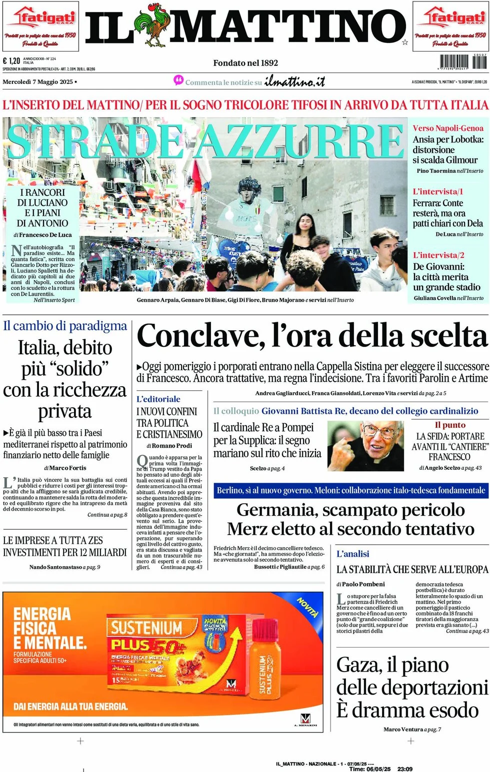 anteprima della prima pagina di il-mattino del 07/05/2025