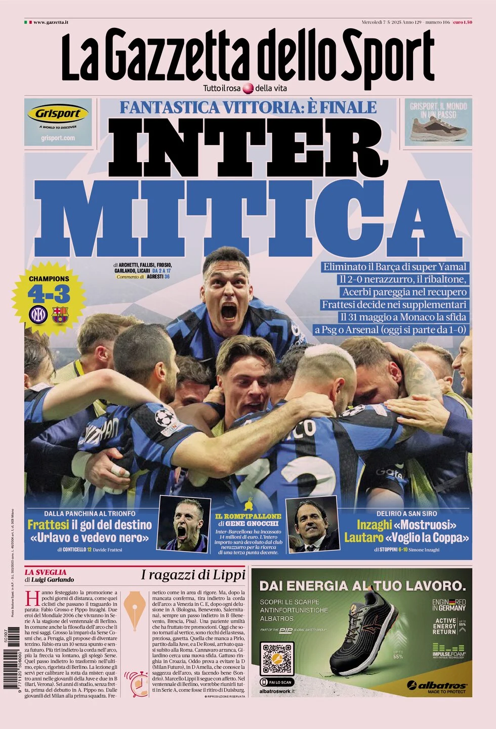 anteprima della prima pagina di la-gazzetta-dello-sport del 07/05/2025