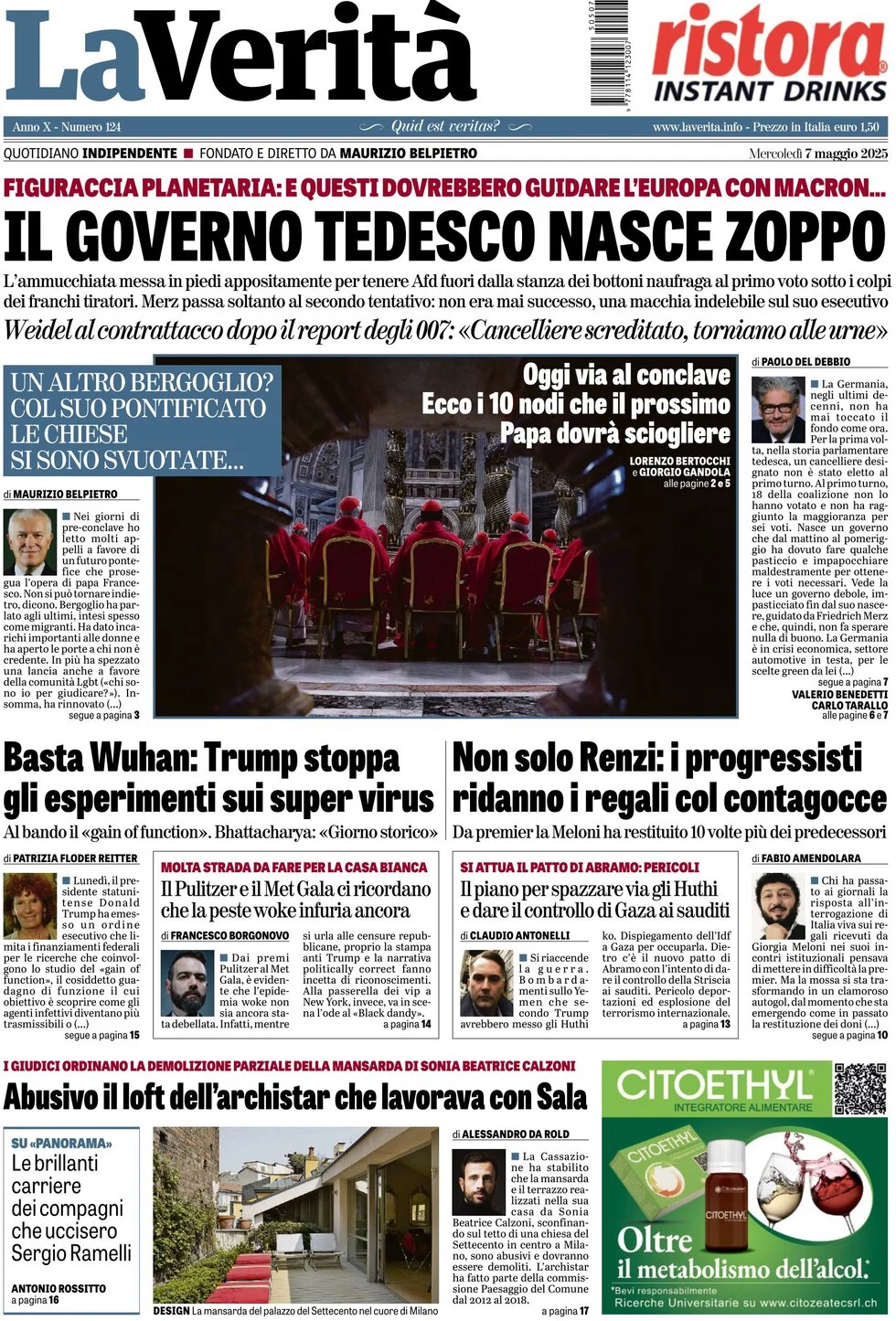 anteprima della prima pagina di la-verit del 07/05/2025