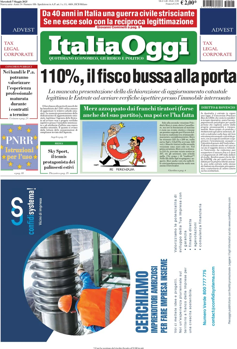 anteprima della prima pagina di italiaoggi del 07/05/2025